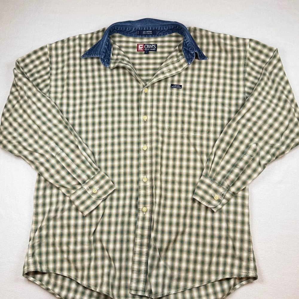 Chaps Ralph Lauren Mens Green Plaid Button Down Shirt Denim Collar Large